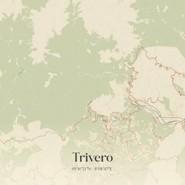 Piemonte, İtalya 'da bulunan Trivero' nun klasik duvar sanat haritası. Ormanlar, yollar, şehirler, göller ve nehirlerle ilgili hava planı.