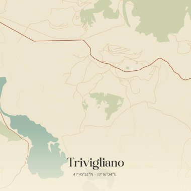 Lazio, İtalya 'da bulunan Trivigliano' nun klasik duvar sanat haritası. Ormanlar, yollar, şehirler, göller ve nehirlerle ilgili hava planı.