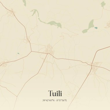 Tuili 'nin klasik duvar haritası, Sardegna, İtalya' da. Ormanlar, yollar, şehirler, göller ve nehirlerle ilgili hava planı.