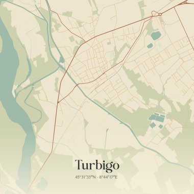 Turbigo 'nun klasik duvar haritası, Lombardia, İtalya' da. Ormanlar, yollar, şehirler, göller ve nehirlerle ilgili hava planı.