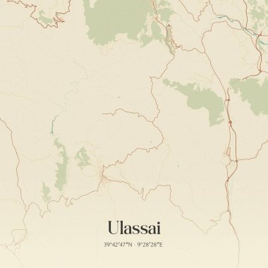 Vintage wall art map of Ulassai, located in Sardegna, Italy. Aerial plan with forests, roads, cities, lakes and rivers. clipart