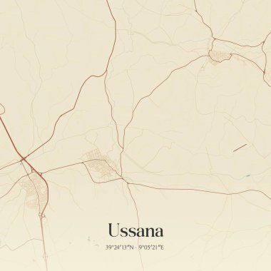 Ussana 'nın klasik duvar sanat haritası, Sardegna, İtalya' da. Ormanlar, yollar, şehirler, göller ve nehirlerle ilgili hava planı.