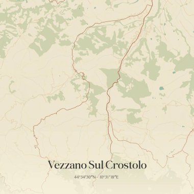 Vintage wall art map of Vezzano Sul Crostolo, located in Emilia-Romagna, Italy. Aerial plan with forests, roads, cities, lakes and rivers. clipart