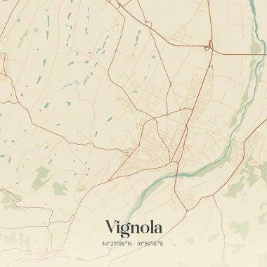 Vintage wall art map of Vignola, located in Emilia-Romagna, Italy. Aerial plan with forests, roads, cities, lakes and rivers. clipart