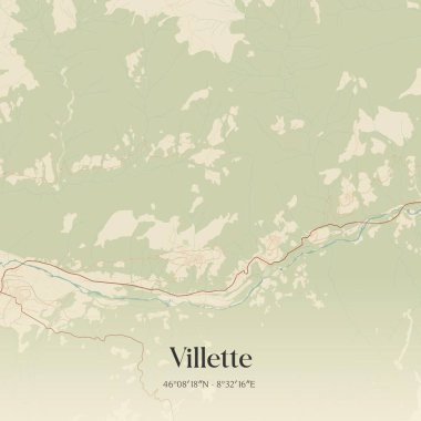 Villette 'in klasik duvar sanat haritası, Piemonte, İtalya' da. Ormanlar, yollar, şehirler, göller ve nehirlerle ilgili hava planı.