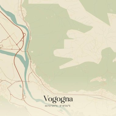 Vogogna 'nın klasik duvar sanat haritası, Piemonte, İtalya' da. Ormanlar, yollar, şehirler, göller ve nehirlerle ilgili hava planı.