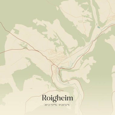 Baden-Wurttemberg, Almanya 'da bulunan Roigheim' in klasik duvar sanat haritası. Ormanlar, yollar, şehirler, göller ve nehirlerle ilgili hava planı.