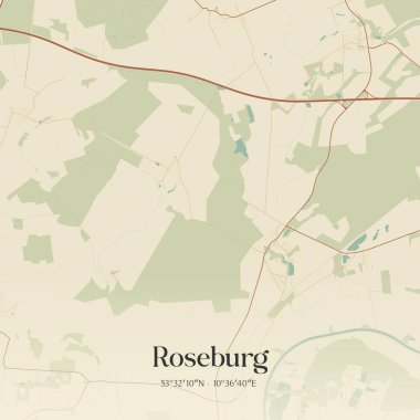Roseburg 'un klasik duvar sanat haritası Almanya' nın kuzeyinde Schleswig-Holstein eyâletinde. Ormanlar, yollar, şehirler, göller ve nehirlerle ilgili hava planı.