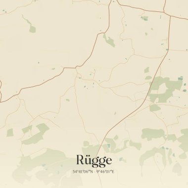 Almanya 'nın kuzeyinde Schleswig-Holstein eyâletinde bulunan Rugge' un klasik duvar sanat haritası. Ormanlar, yollar, şehirler, göller ve nehirlerle ilgili hava planı.
