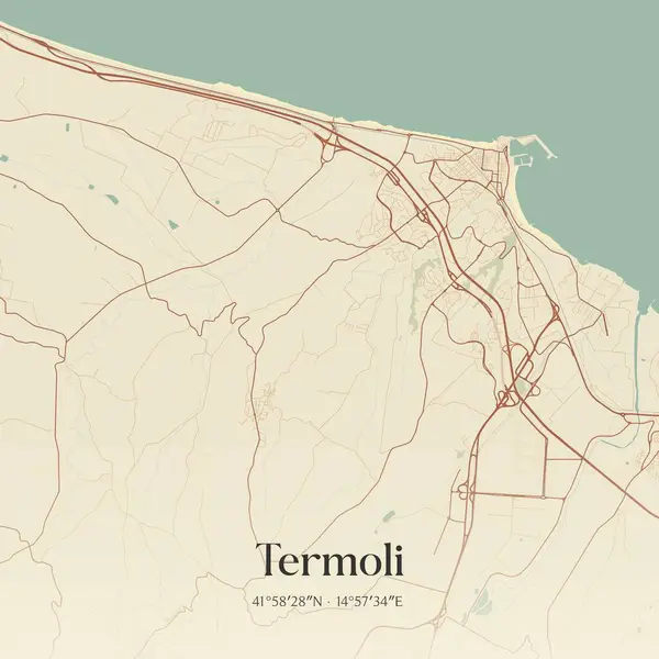 Molise, İtalya 'da bulunan Termoli' nin klasik duvar sanat haritası. Ormanlar, yollar, şehirler, göller ve nehirlerle ilgili hava planı.