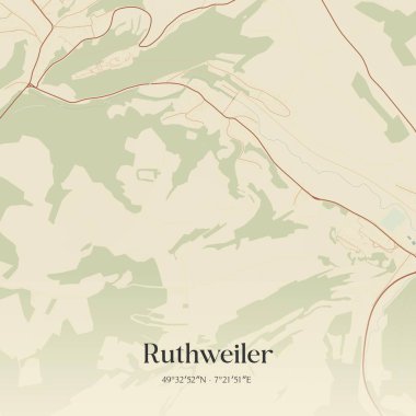 Rheinland-Pfalz, Almanya 'da bulunan Ruthweiler' ın klasik duvar sanat haritası. Ormanlar, yollar, şehirler, göller ve nehirlerle ilgili hava planı.
