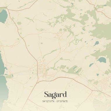 Sagard 'ın klasik duvar sanat haritası, Mecklenburg-Vorpommern, Almanya' da. Ormanlar, yollar, şehirler, göller ve nehirlerle ilgili hava planı.