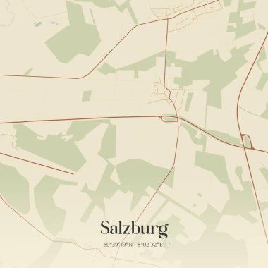 Salzburg 'un klasik duvar sanat haritası, Rheinland-Pfalz, Almanya' da. Ormanlar, yollar, şehirler, göller ve nehirlerle ilgili hava planı.