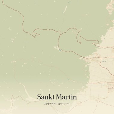 Vintage wall art map of Sankt Martin, located in Rheinland-Pfalz, Germany. Aerial plan with forests, roads, cities, lakes and rivers. clipart