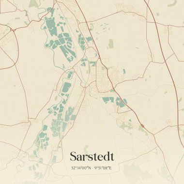 Sarstedt 'in klasik duvar haritası, Niedersachsen, Almanya' da. Ormanlar, yollar, şehirler, göller ve nehirlerle ilgili hava planı.