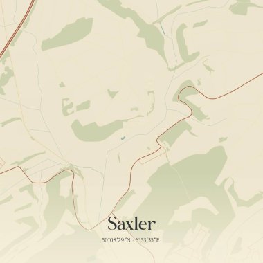 Almanya 'nın Rheinland-Pfalz şehrinde bulunan Saxler' in klasik duvar sanat haritası. Ormanlar, yollar, şehirler, göller ve nehirlerle ilgili hava planı.