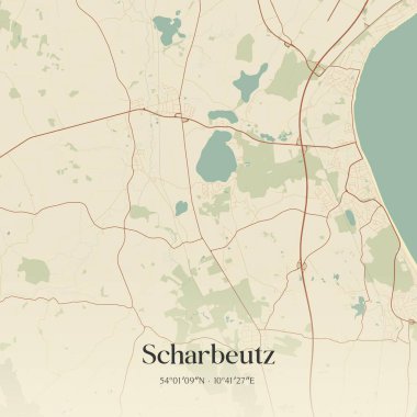 Vintage wall art map of Scharbeutz, located in Schleswig-Holstein, Germany. Aerial plan with forests, roads, cities, lakes and rivers. clipart