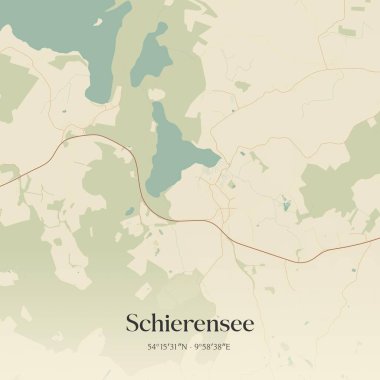 Almanya 'nın kuzeyinde Schleswig-Holstein eyâletinde bulunan Schierensee' nin klasik duvar sanat haritası. Ormanlar, yollar, şehirler, göller ve nehirlerle ilgili hava planı.