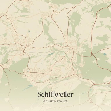 Vintage wall art map of Schiffweiler, located in Saarland, Germany. Aerial plan with forests, roads, cities, lakes and rivers. clipart