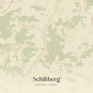 Vintage wall art map of Schiltberg, located in Bayern, Germany. Aerial plan with forests, roads, cities, lakes and rivers. clipart