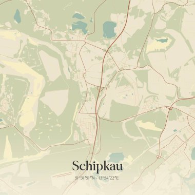 Brandenburg, Almanya 'da bulunan Schipkau' nun klasik duvar sanat haritası. Ormanlar, yollar, şehirler, göller ve nehirlerle ilgili hava planı.