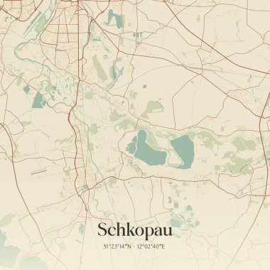 Sachsen-Anhalt, Almanya 'da bulunan Schkopau' nun klasik duvar sanat haritası. Ormanlar, yollar, şehirler, göller ve nehirlerle ilgili hava planı.