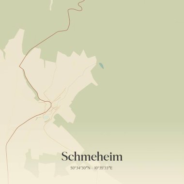 Almanya, Thuringen 'de bulunan Schmeheim' ın klasik duvar sanat haritası. Ormanlar, yollar, şehirler, göller ve nehirlerle ilgili hava planı.