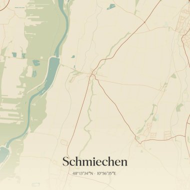 Vintage wall art map of Schmiechen, located in Bayern, Germany. Aerial plan with forests, roads, cities, lakes and rivers. clipart