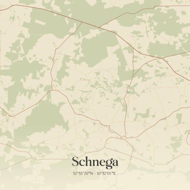 Schnega 'nın klasik duvar sanat haritası, Niedersachsen, Almanya' da. Ormanlar, yollar, şehirler, göller ve nehirlerle ilgili hava planı.