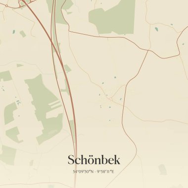 Vintage wall art map of Schonbek, located in Schleswig-Holstein, Germany. Aerial plan with forests, roads, cities, lakes and rivers. clipart