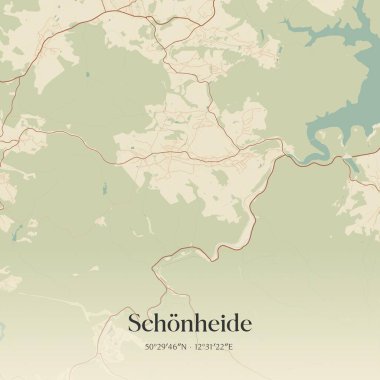 Sachsen, Almanya 'da bulunan Schonheide' in klasik duvar sanat haritası. Ormanlar, yollar, şehirler, göller ve nehirlerle ilgili hava planı.