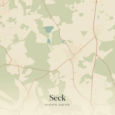 Seck 'in klasik duvar sanat haritası, Rheinland-Pfalz, Almanya' da. Ormanlar, yollar, şehirler, göller ve nehirlerle ilgili hava planı.