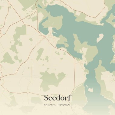 Almanya 'nın kuzeyinde Schleswig-Holstein eyâletinde bulunan Seedorf' un klasik duvar sanat haritası. Ormanlar, yollar, şehirler, göller ve nehirlerle ilgili hava planı.