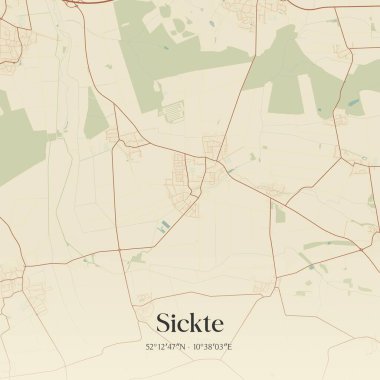 Vintage wall art map of Sickte, located in Niedersachsen, Germany. Aerial plan with forests, roads, cities, lakes and rivers. clipart