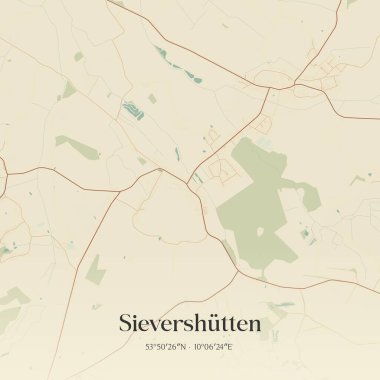 Almanya 'nın kuzeyinde Schleswig-Holstein eyâletinde bulunan Sievershutten' ın klasik duvar sanat haritası. Ormanlar, yollar, şehirler, göller ve nehirlerle ilgili hava planı.