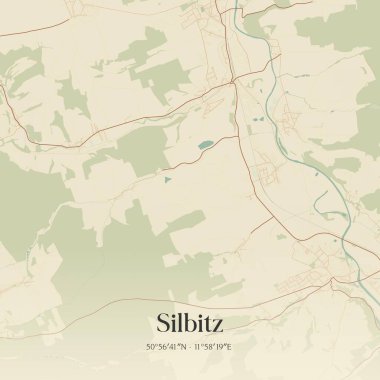 Silbitz 'in klasik duvar sanat haritası, Thuringen, Almanya' da. Ormanlar, yollar, şehirler, göller ve nehirlerle ilgili hava planı.