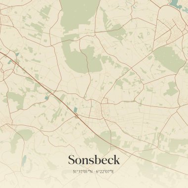 Nordrhein-Westfalen, Almanya 'da bulunan Sonsbeck' in klasik duvar sanat haritası. Ormanlar, yollar, şehirler, göller ve nehirlerle ilgili hava planı.