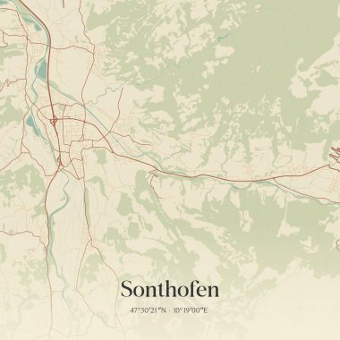 Almanya, Bayern 'de bulunan Sonthofen' in klasik duvar sanat haritası. Ormanlar, yollar, şehirler, göller ve nehirlerle ilgili hava planı.