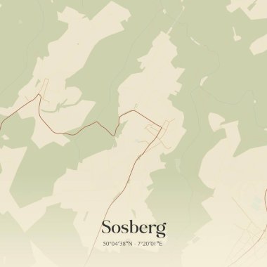 Sosberg 'in klasik duvar sanat haritası, Rheinland-Pfalz, Almanya' da. Ormanlar, yollar, şehirler, göller ve nehirlerle ilgili hava planı.