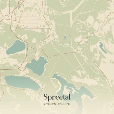 Spreetal 'in Sachsen, Almanya' daki klasik duvar sanat haritası. Ormanlar, yollar, şehirler, göller ve nehirlerle ilgili hava planı.