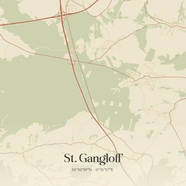 Vintage wall art map of St. Gangloff, located in Thuringen, Germany. Aerial plan with forests, roads, cities, lakes and rivers. clipart