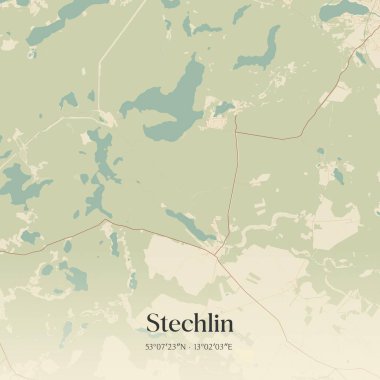 Brandenburg, Almanya 'da bulunan Stechlin' in klasik duvar sanat haritası. Ormanlar, yollar, şehirler, göller ve nehirlerle ilgili hava planı.