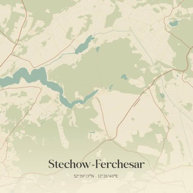 Brandenburg, Almanya 'daki Stechow-Ferchesar' ın klasik duvar sanat haritası. Ormanlar, yollar, şehirler, göller ve nehirlerle ilgili hava planı.