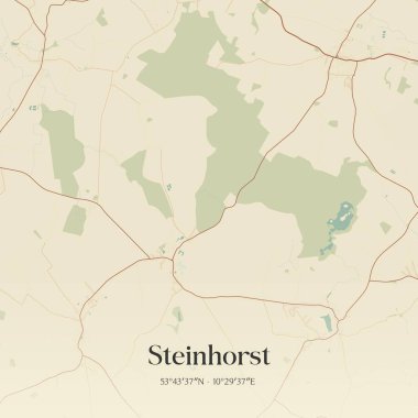 Almanya 'nın kuzeyinde Schleswig-Holstein eyâletinde bulunan Steinhorst' un klasik duvar haritası. Ormanlar, yollar, şehirler, göller ve nehirlerle ilgili hava planı.