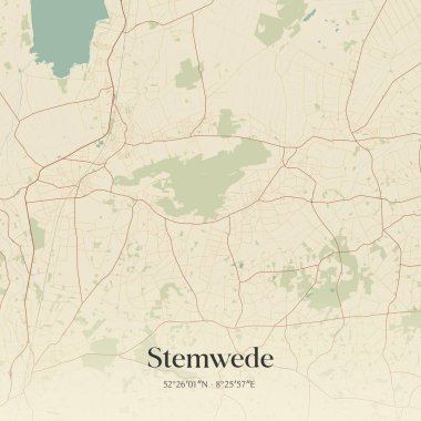 Stemwede 'in klasik duvar sanat haritası, Nordrhein-Westfalen, Almanya' da. Ormanlar, yollar, şehirler, göller ve nehirlerle ilgili hava planı.