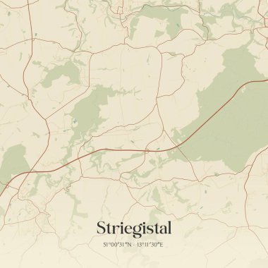 Striegistal 'in klasik duvar sanat haritası, Sachsen, Almanya' da. Ormanlar, yollar, şehirler, göller ve nehirlerle ilgili hava planı.