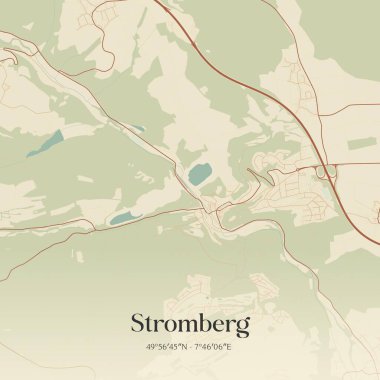 Stromberg 'in klasik duvar sanat haritası, Rheinland-Pfalz, Almanya' da. Ormanlar, yollar, şehirler, göller ve nehirlerle ilgili hava planı.