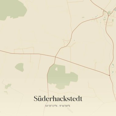 Almanya 'nın kuzeyinde Schleswig-Holstein eyâletinde bulunan Suderhackstedt' in klasik duvar sanat haritası. Ormanlar, yollar, şehirler, göller ve nehirlerle ilgili hava planı.