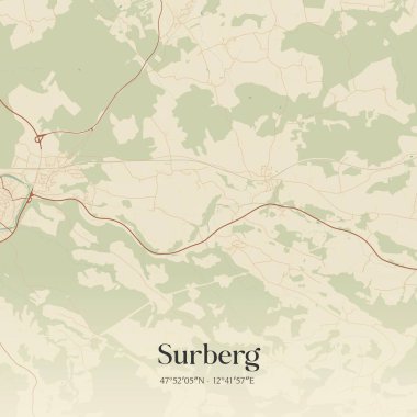 Almanya 'nın Bayern kentinde bulunan Surberg' in klasik duvar sanat haritası. Ormanlar, yollar, şehirler, göller ve nehirlerle ilgili hava planı.