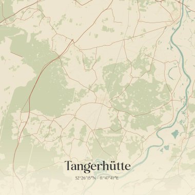 Tangerhutte 'nin klasik duvar sanat haritası, Sachsen-Anhalt, Almanya' da. Ormanlar, yollar, şehirler, göller ve nehirlerle ilgili hava planı.